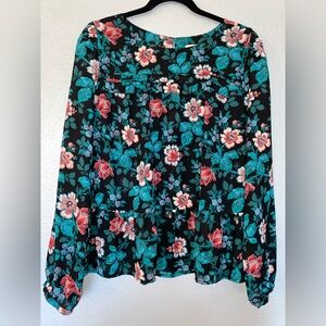 LOFT Floral Black and Teal Blouse